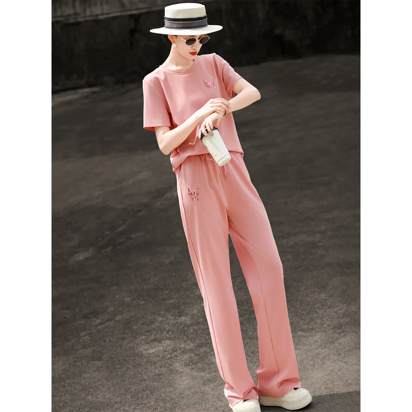 MEXCOCO 2026 Summer New Women Beaded Pullover T-shirt Wide Leg Pants Outfit Casual Sporty 2 Piece Set