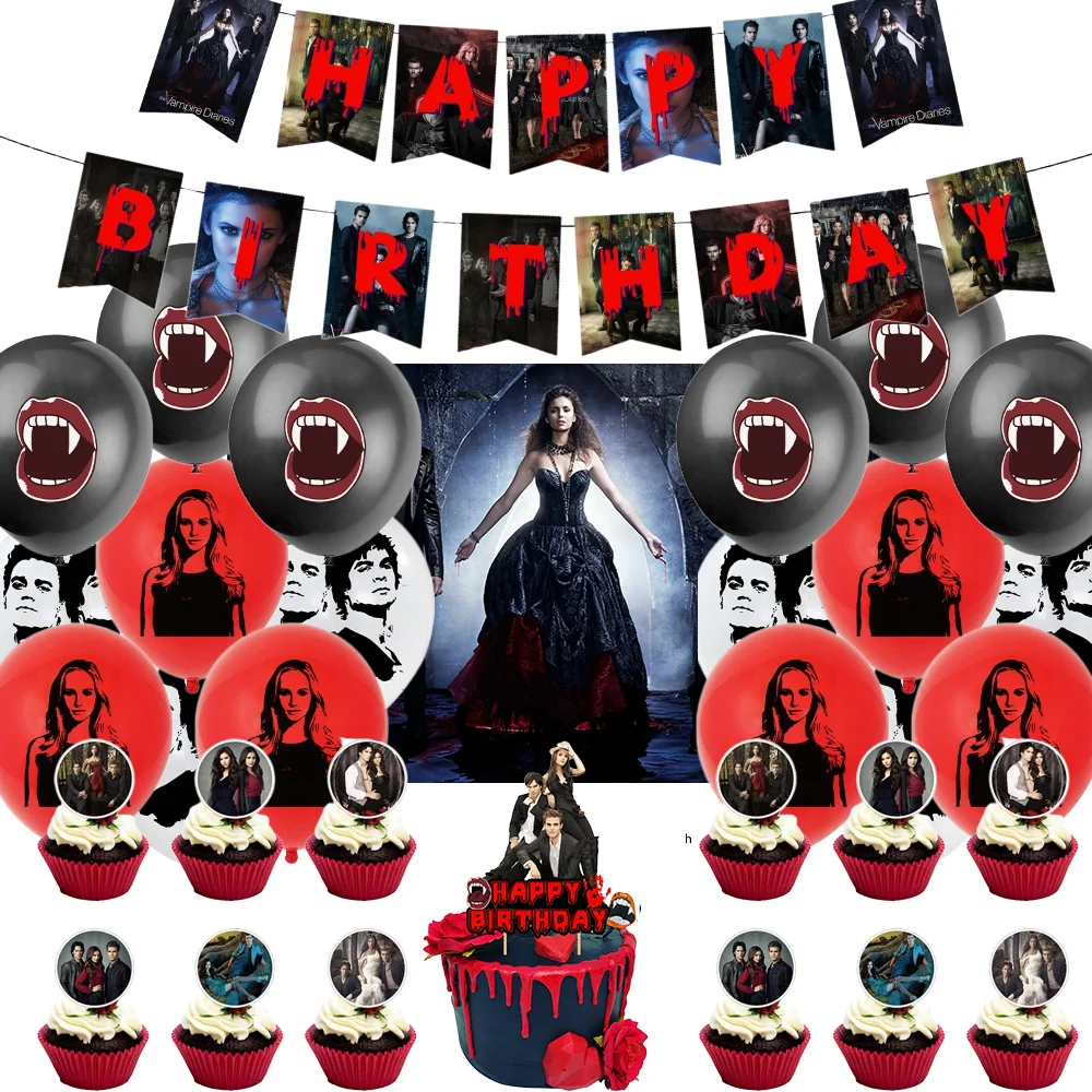 

The Vampires-Diaries Theme Birthday Party Supplies Decoration Vampire Balloon Banner Background Cake Toppers Children Baby Gift