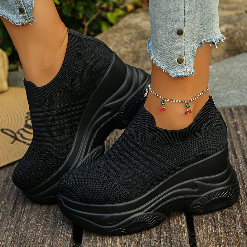 Women's Knitted White Chunky Sneakers 2026 Spring Breathable Mesh Platform Sport Shoes Woman Plus Size 42 Hidden Heels Dad Shoes view 5