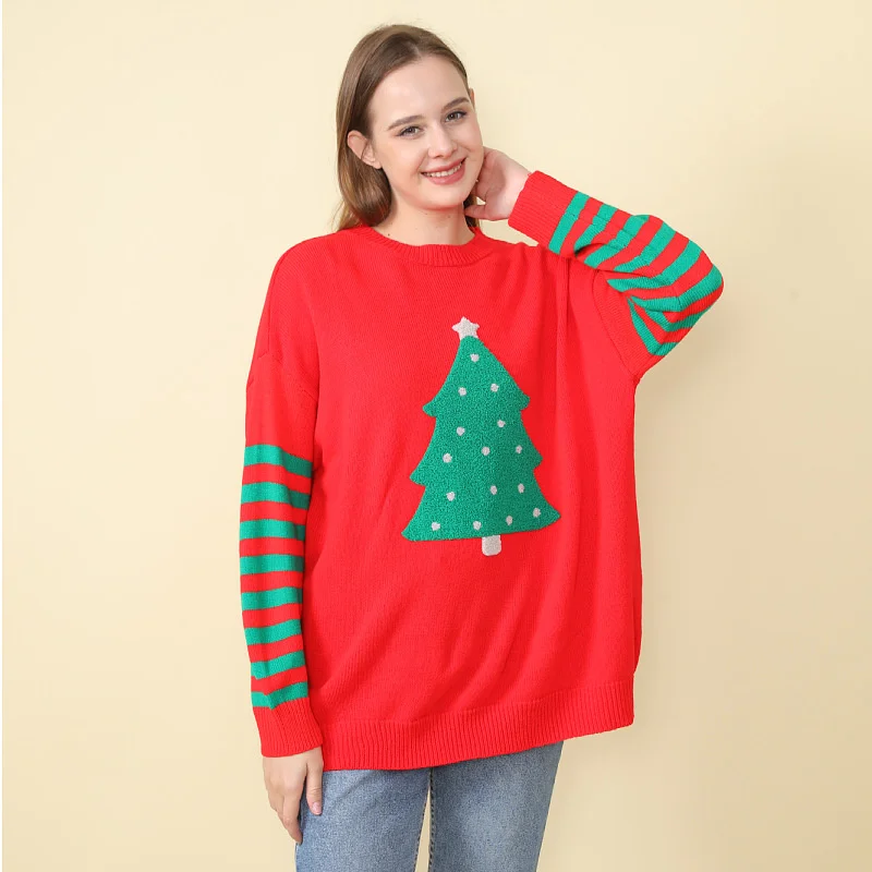 Christmas Tree Pattern Knitted Top Women\'s Autumn And Winter Pullover Round Neck Loose Xmas Sweater For Women 2025 Noel Clothes