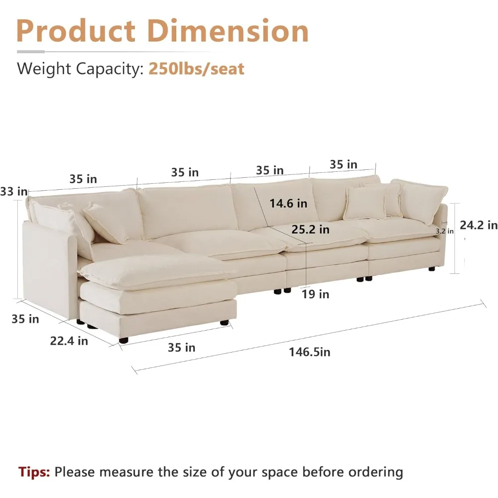 146.5-inch L-shaped sofa set, 4-seat comfortable cloud sofa, removable footstool, DIY combo, chenille pants