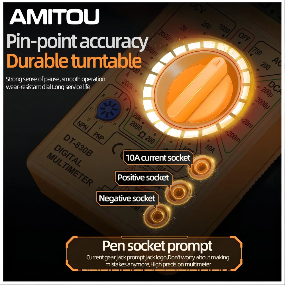 AMITOU DT830B Digital Multimeter AC/DC LCD Mini Voltmeter Ammeter Ohm Tester 750/1000V High Safety Handheld Meter With Probe