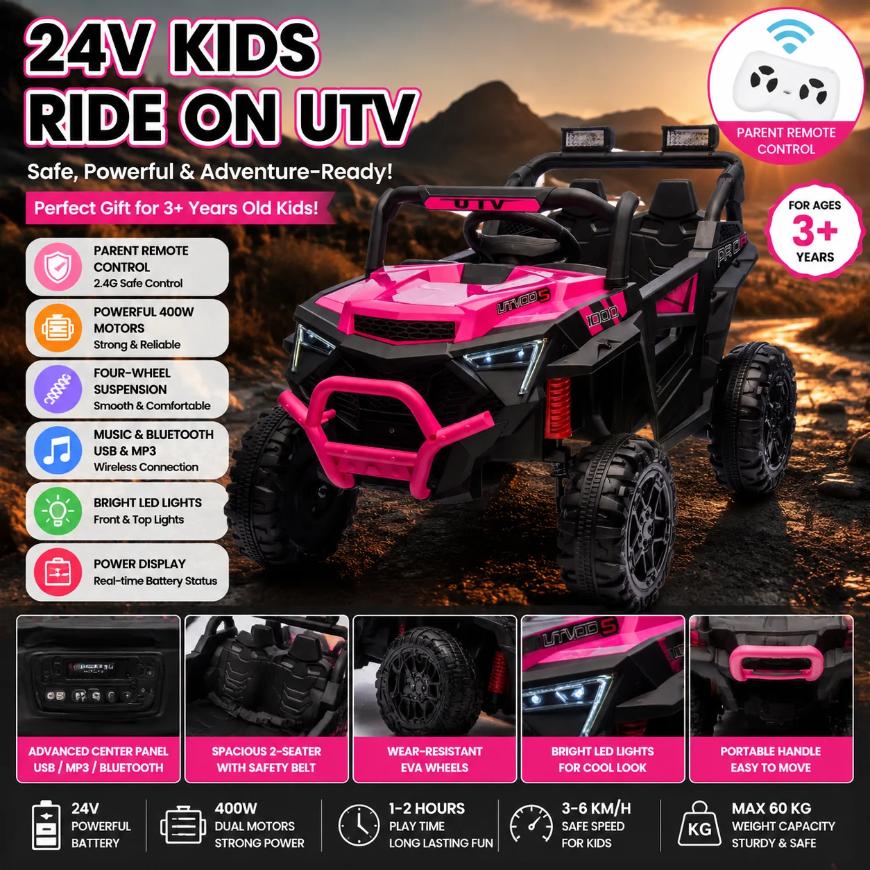 

24V 400W Kids Ride on Electric UTV W/Parents Remote Control,Four-Wheel Suspension,LED Lights,Portable Handle,Advanced Center Panel with USB,MP3,Music,Bluetooth,,Power Display for Kids Aged 3+.