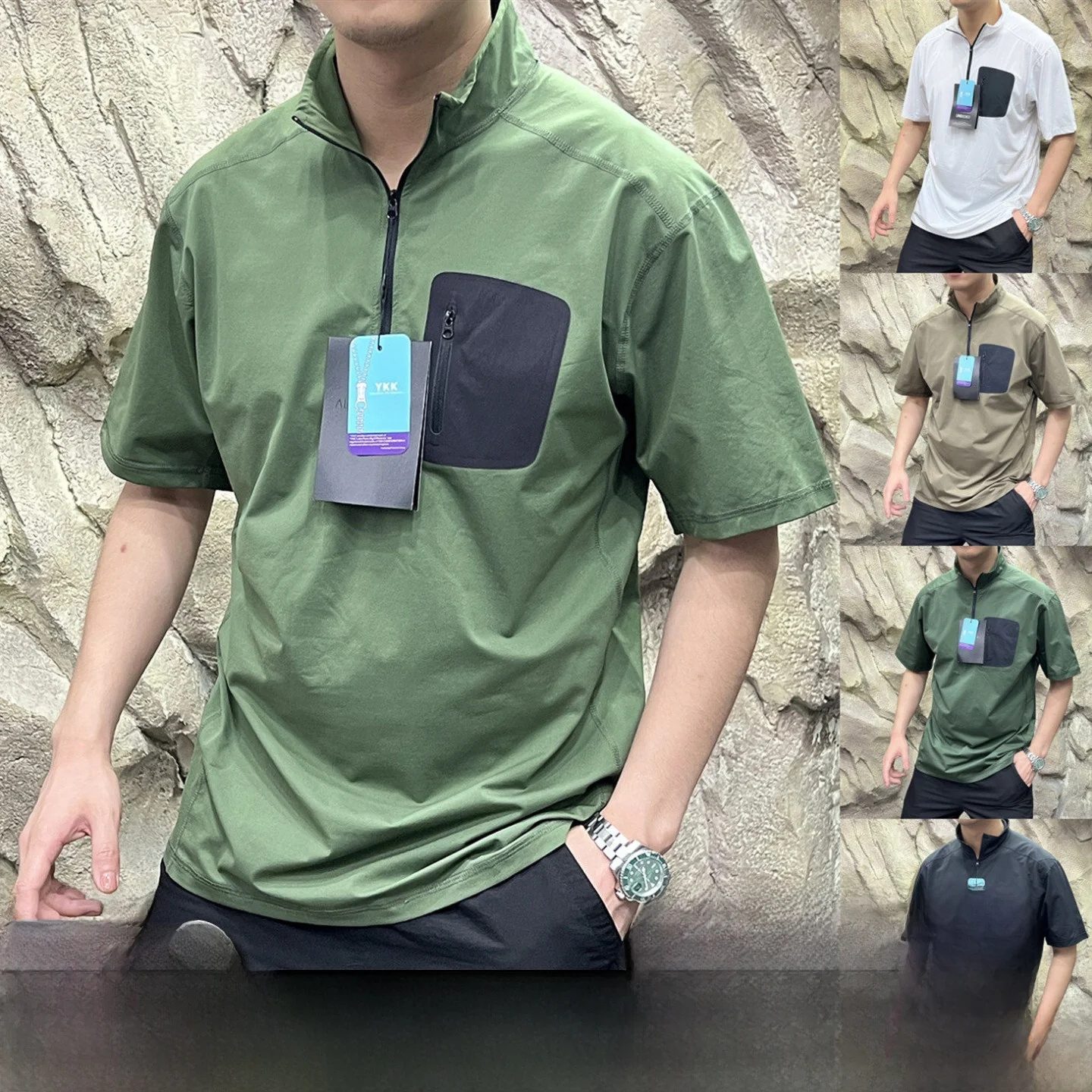 

Мужская уличная футболка ort Sve Повседневная на молнии Эластичный полиэстер Qui Dry Летний модный базовый круглый топ Ne Top