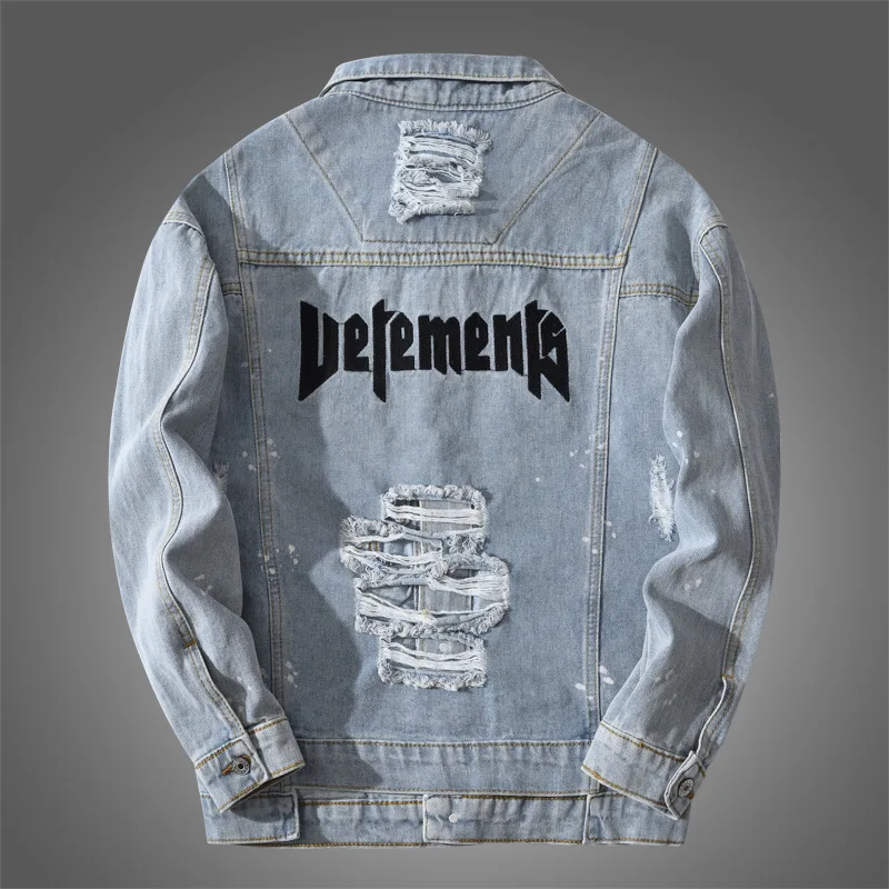 Fashion Vintage Ripped Denim Jackets Casual Letter Embroidered Loose Jeans Jacket Coat Men Korean Spring Ropa Hombre Streetwear