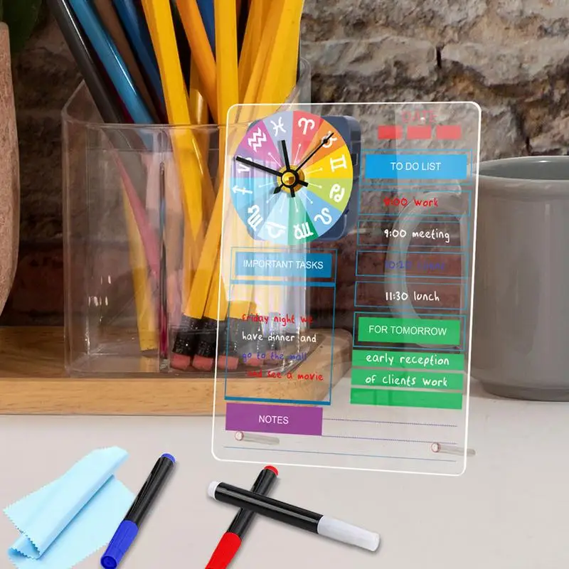 Erasable Schedule Board Stand-up Desk Reminder Board Clear Desk Planner Board อะคริลิคโต๊ะเตือนพร้อมนาฬิกา Creative