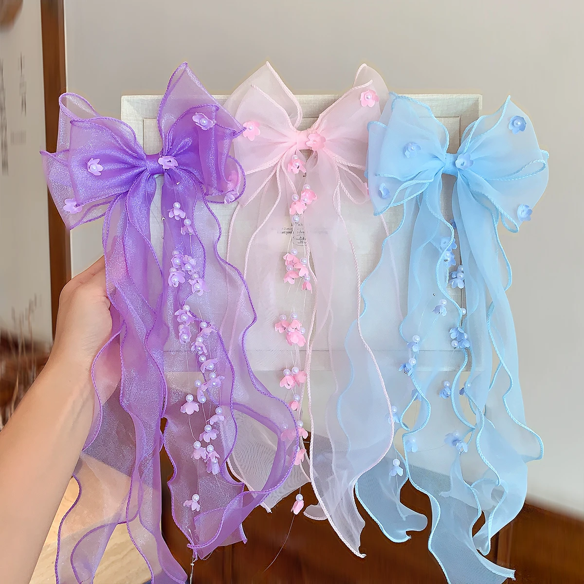 Niedliche Prinzessinnen-Tüll-Haarspangen mit Schleife für Mädchen, Lange Bandverzierungen, Blumen-Dekor Haarklammern für Kleinkinder und Kinder, Süße Haaraccessoires