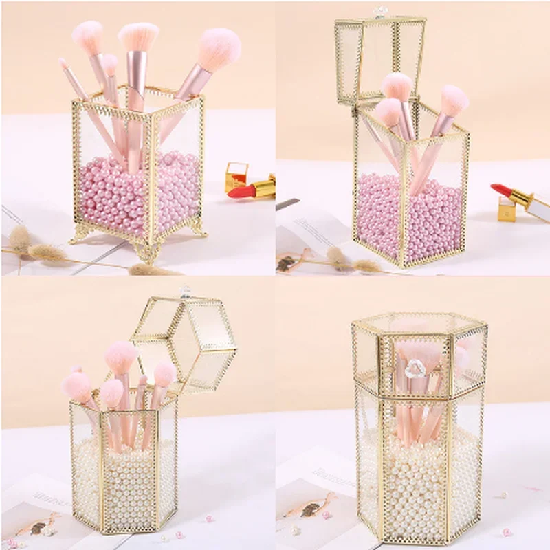 Glass Makeup Brush Box Holder Jewelry Box Pencil Bucket Makeup Organizer Desktop Cosmetic Storage Box Pearls Barrel  ZM827