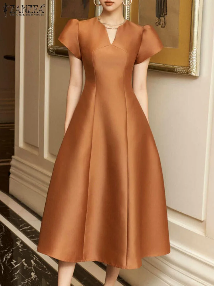 ZANZEA Vintage Long Maxi Dresses Women V-neck Short Sleeve Robe 2024 Summer Waisted Party Sundress Holiday A-line Stitching Robe