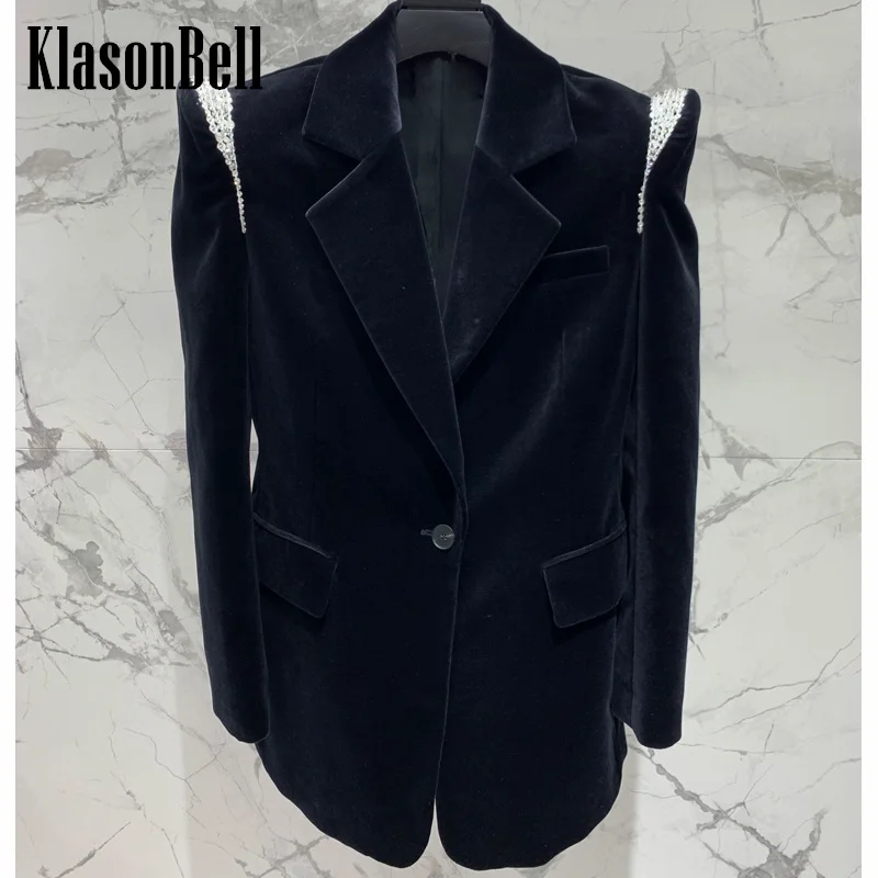 12.5 KlasonBell Elegant Temperament Shrug Shoulder Rhinestone Velvet Blazer Single Button Long Sleeve Jacket For Women