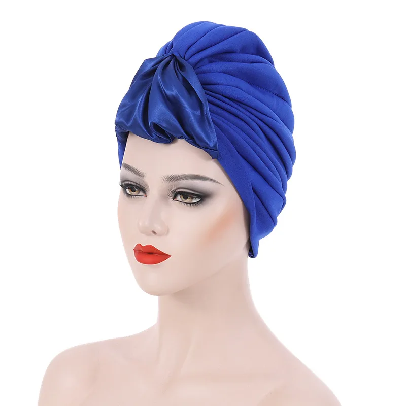 Lastest Satin Loop Ruffled Turban Chemo Cap for Women Pleated African Head Wrap Wedding Bonnet Nigeria Headties Turbante Mujer