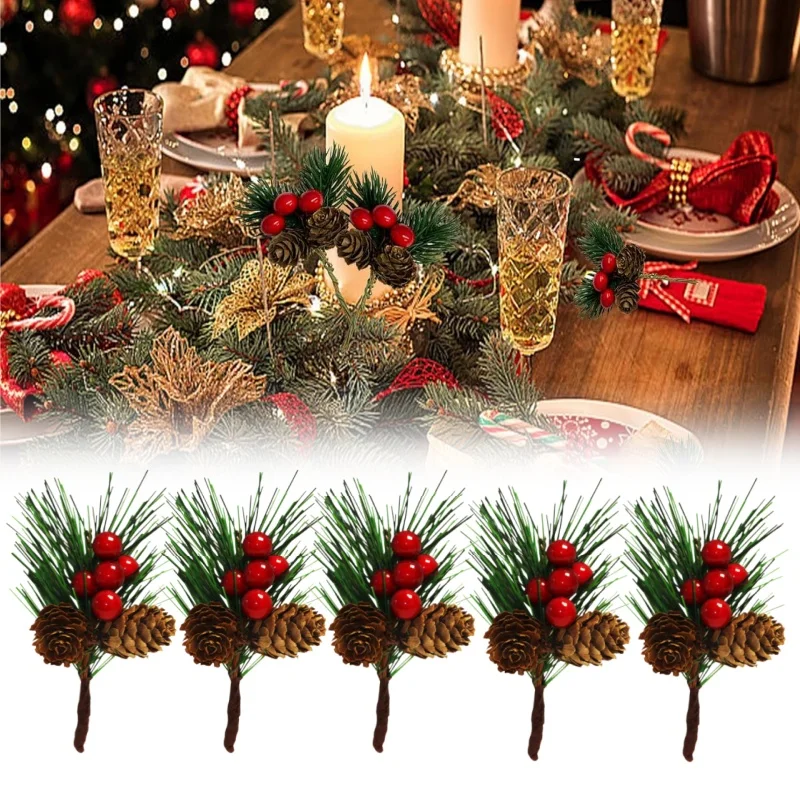 

5pcs Artificial Pine Picks Christmas Simulation Pine Needle Small Berries Pinecones For Xmas Tree Decor