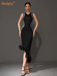 Modphy Elegant Women's Flower Appliques Asymmetrical Knit Slim Maxi Dresses  Female Sleeveless Floral nitted Evening Party Gowns