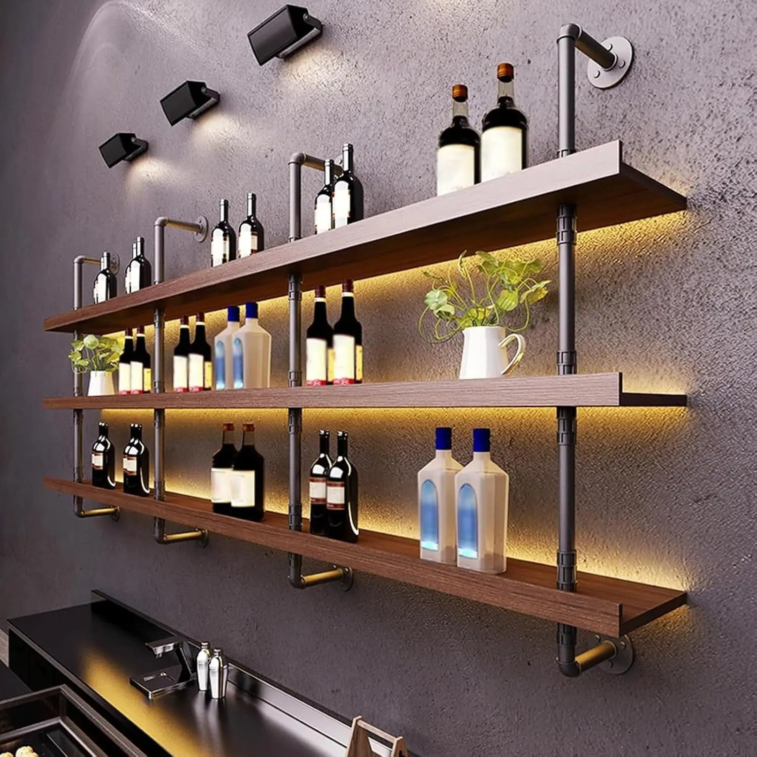 

55.1in Large Wine Rack with LED Light Solid Wood Wall Mounted Wine Rack, 3-Tiers Liquor Bottles Floating Shelves Displa
