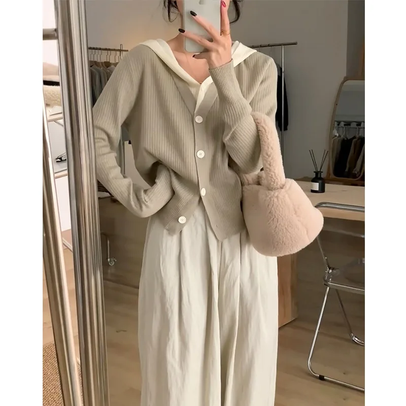 Women Cardigan Fake Two Pieces Knitted Coat Single Breasted Hooded Solid Colour Slim Fit Sweater Autumn Winter Casual Knitwear