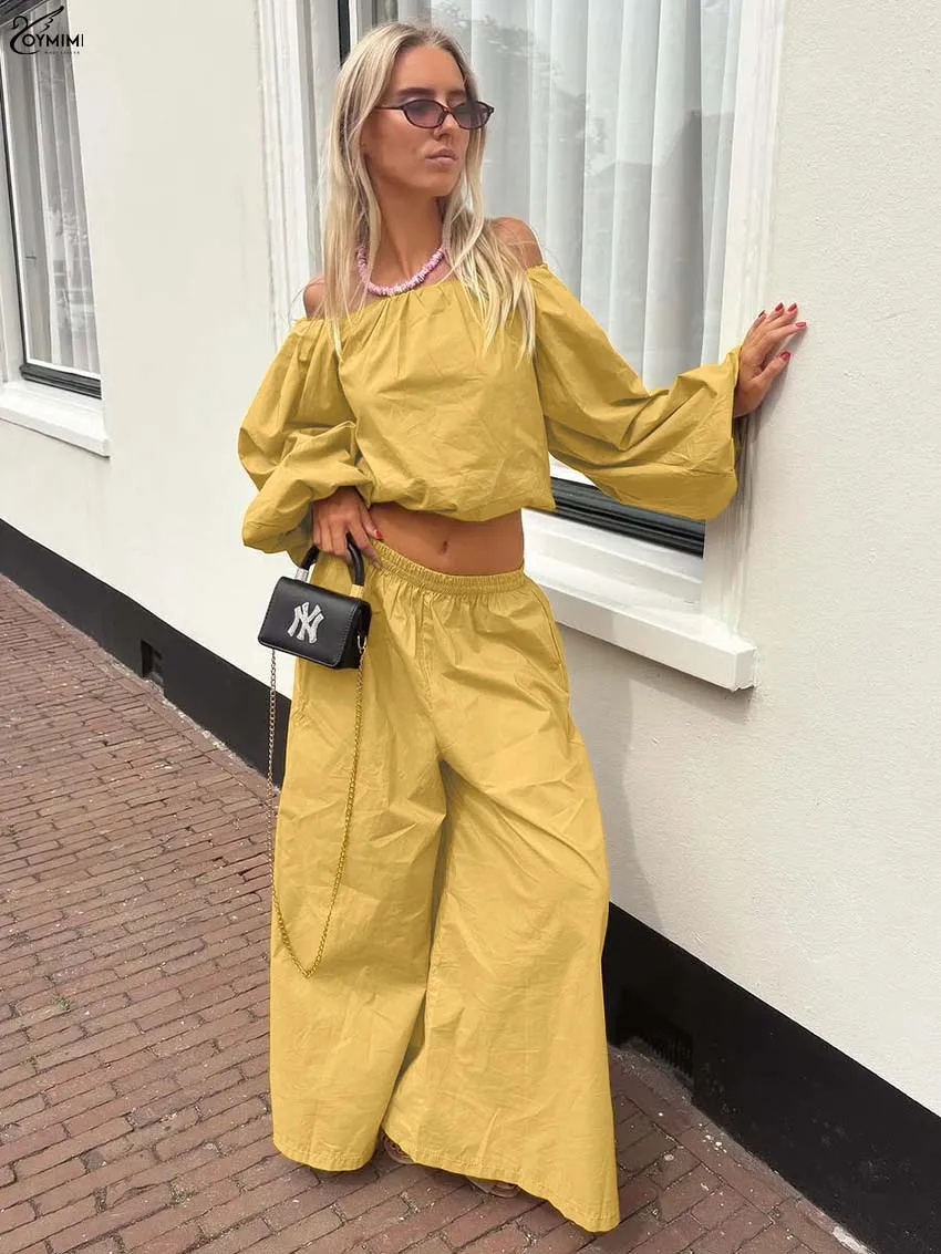 

Oymimi Elegant Yellow Cotton Two Piece Set Woman Fashion Strapless Puff Sleeve Crop Blouses And Simple Straight Trousers Sets