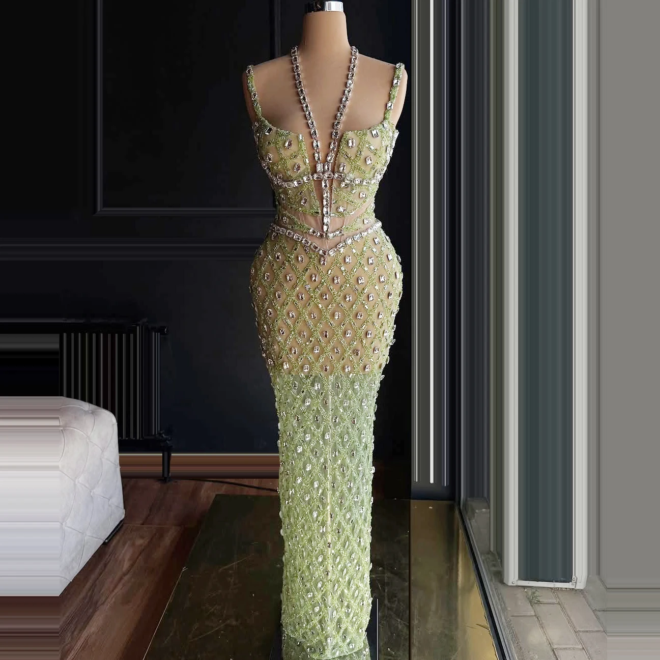

Mermaid Evening Gown with Crystal Embellishments light green sheer tulle long ball sheer and sexy cocktail dress