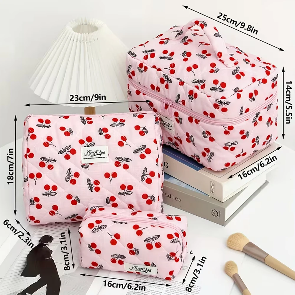 Make-up-Tasche mit rosa Hintergrund und roten Kirschmotiven – mit ausziehbarem Reißverschluss, große Kapazität, ideal für Reisen, exklusiv für Damen, weißes Innenfutter aus Polyester, niedlich und tragbar, geeignet für Studenten, Krankenschwestern, Büroangestellte und andere Personengruppen, lässige Make-up-Tasche mit Kirschmotiv. – Detail 3