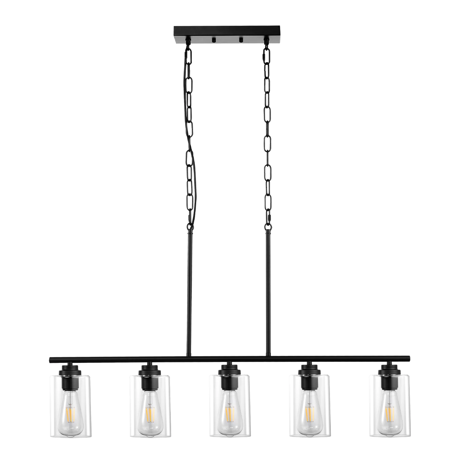 SucceBuy 5-Light Kitchen Island Pendant Lights 60W with Clear Glass Lampshade 4 Rods 2 Metal Chains Farmhouse Linear Chandeliers