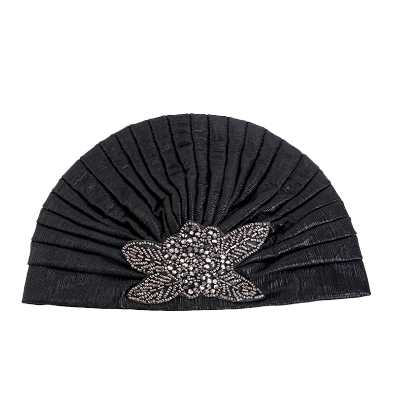 New Women Rhinestone Flower Pleated Turban Cap Ethnic Indian Hat Vintage Non Slip Head Band Chemo Cap Beanies Hair Accessories