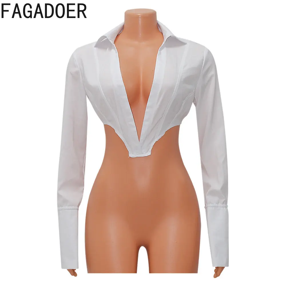 FAGADOER Sexy Deep V Harajuku White Shirts Slim Long Sleeve Crop Top Fashion Y2K Corset Short Tops Women Solid Color Streetwear
