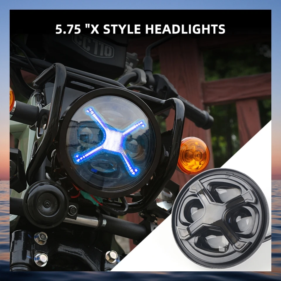

5.75-inch LED headlights, suitable for Cross Cub 110 JA60 (cool X-type black blue daytime running lights), easy to install