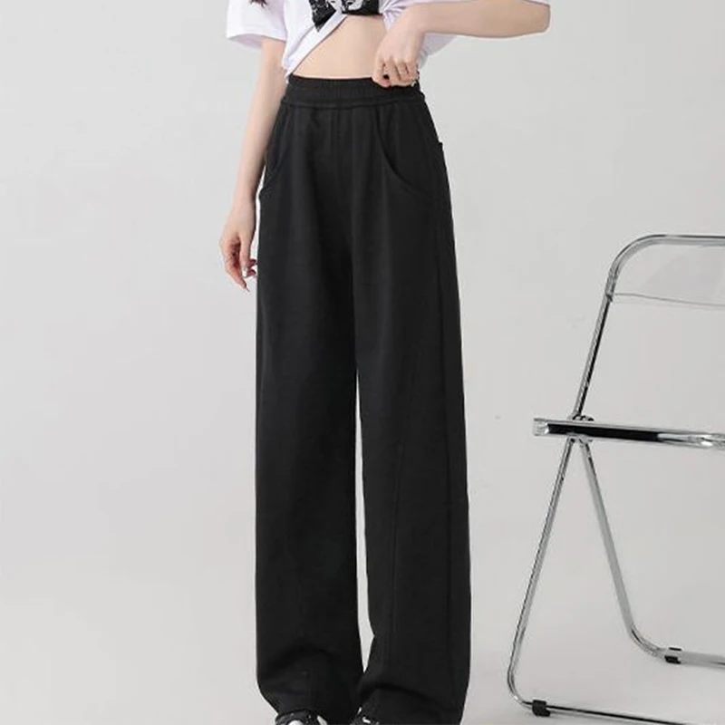 Spring Autumn Elastic Waist Solid Color Wide Leg Pants Women Loose Casual Fashion Straight Trousers Lady All-match Sweatpants