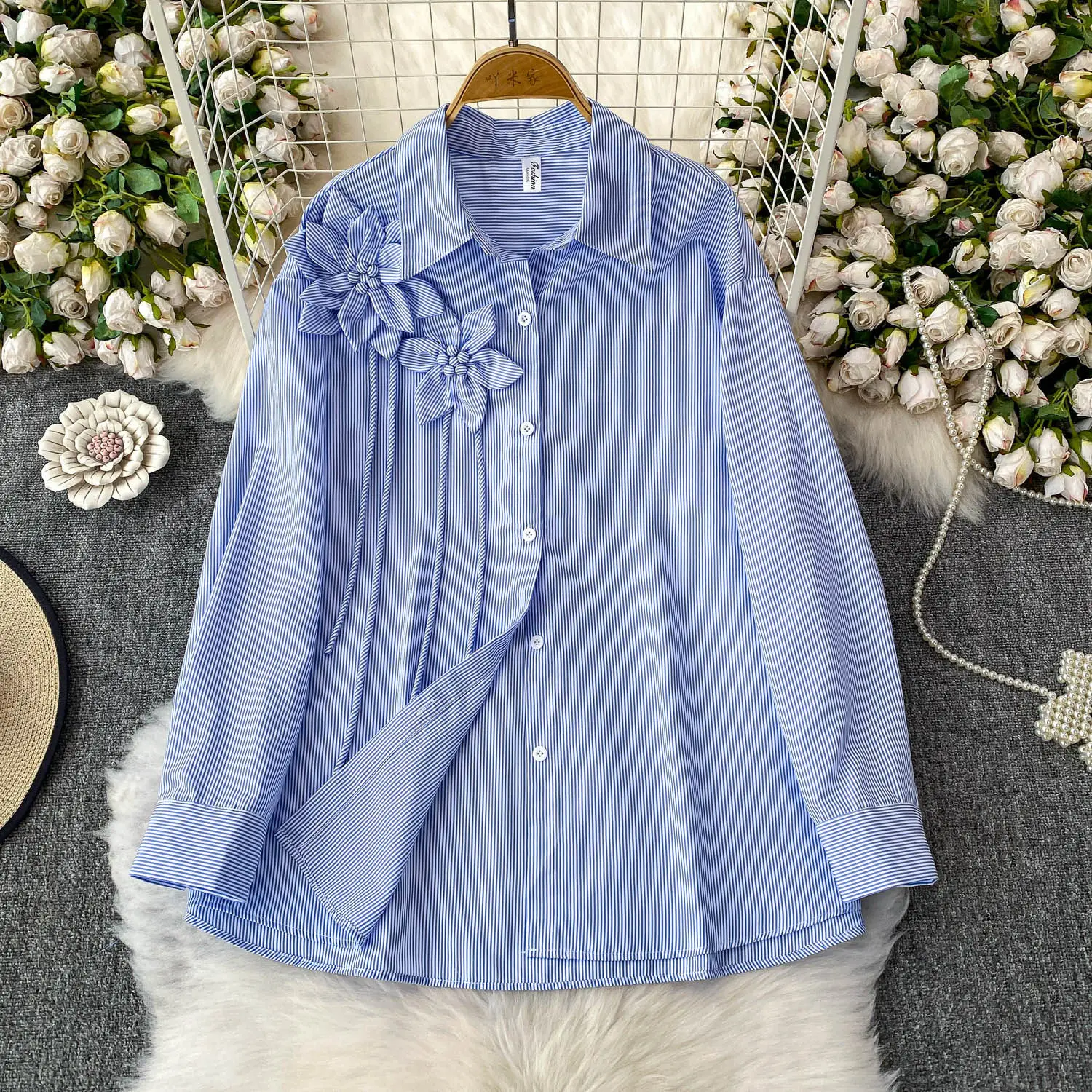 

Chic 3D Flower Lapel Long Sleeve Shirt Women Spring Summer Fashion Striped Loose Tops Casual Blouse Outerwear