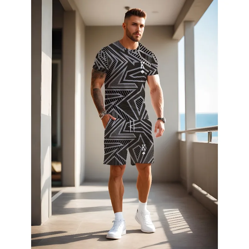 2025 New Summer Fashion 3D Digital Geometric Line Painted Print Men's Shorts Short Sleeved Set Round Neck T-shirt Two-piece Set