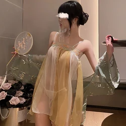 Women Sexy Lingerie Chinese Hanfu Traditional Bathrobe Mesh Uniform Set Girl See Through Sleepwear Blossoms Long Robes Nightgown