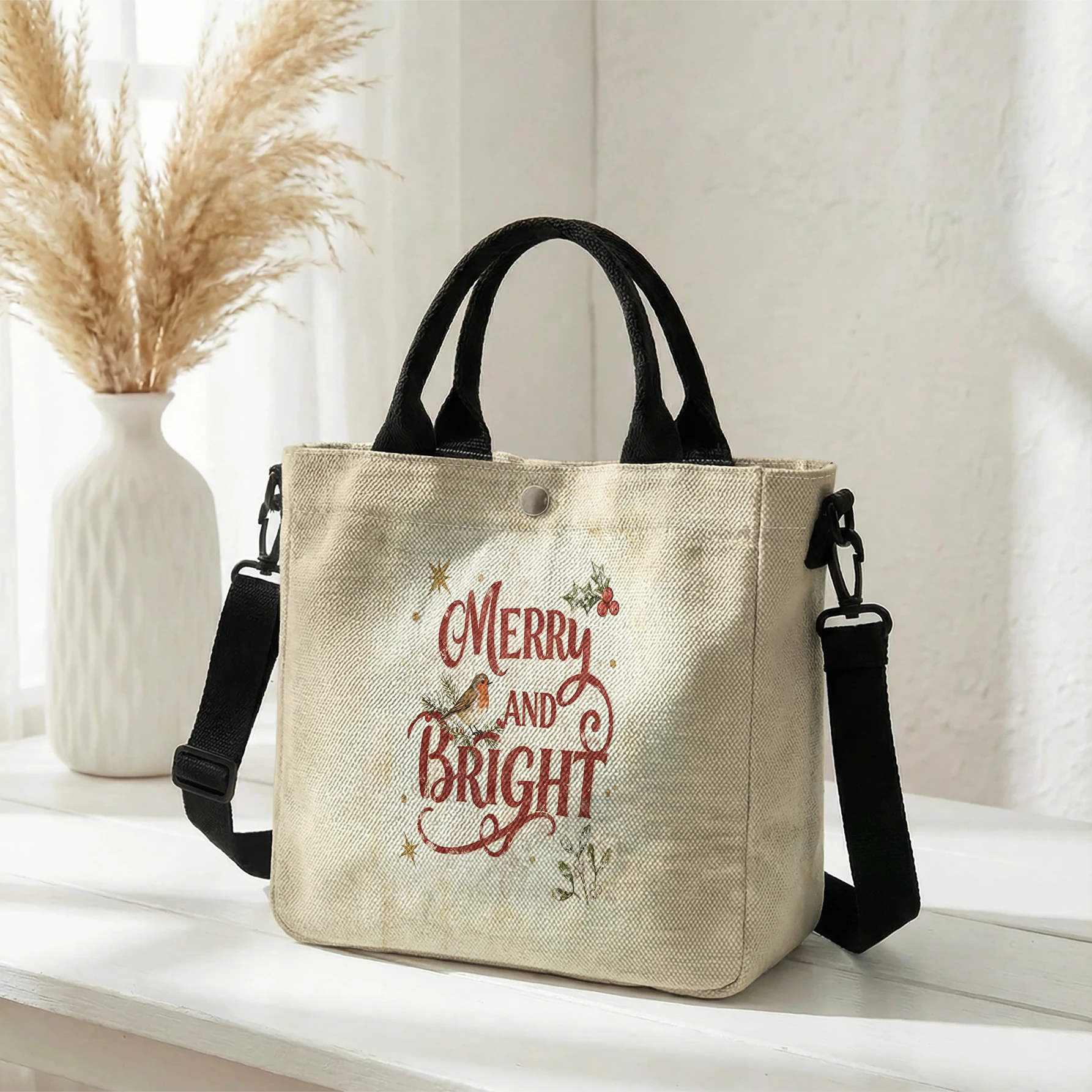 Merry And Bright Christmas Letter Print Tote Bag, Detachable Strap Crossbody Handbag For Daily Work Shopping