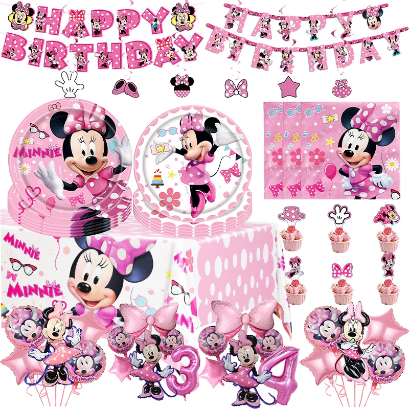 Disney Minnie Mouse Party Decorations Pink Minnie Tableware Paper Cups Plates Napkin Tablecloth Banner Kids Birthday Baby Shower