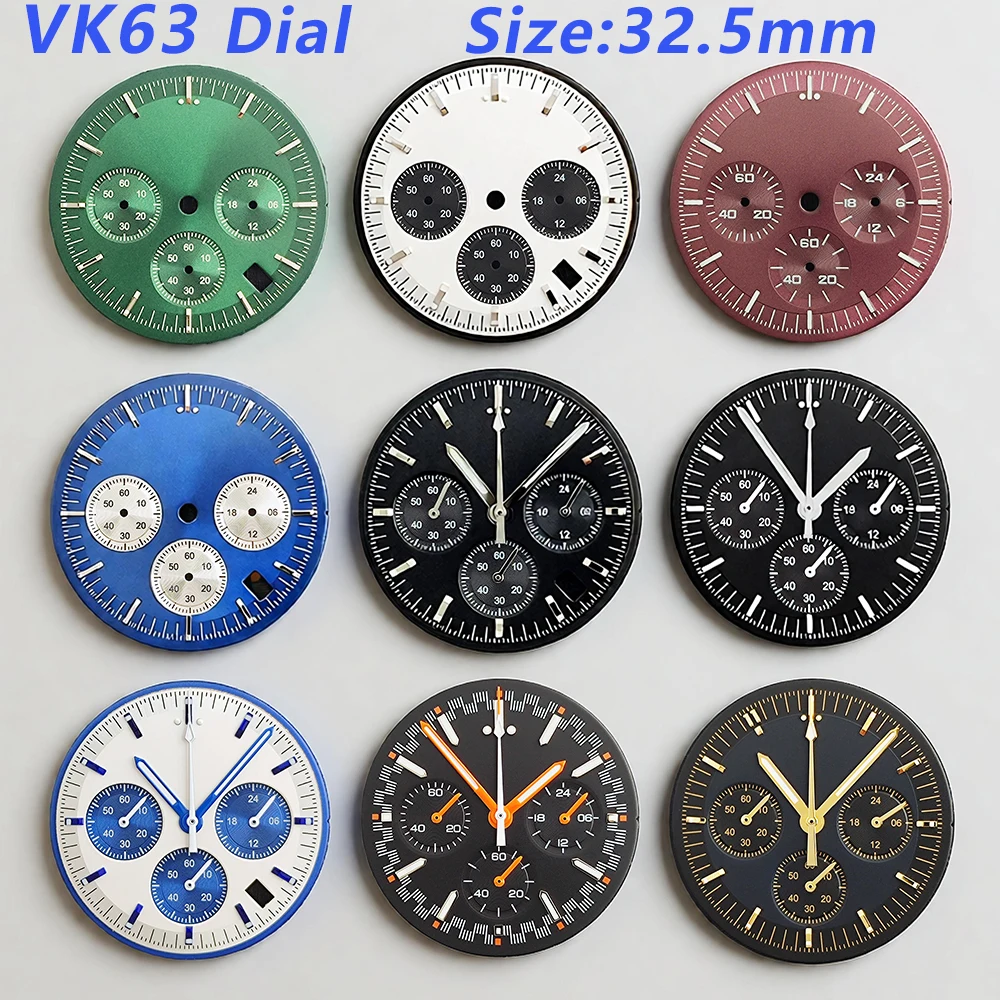 

32.5mm New VK63 dial men's watch Custom Logo Dial Panda Dial Green Luminous Dial suitable for VK63 movement watch accessories