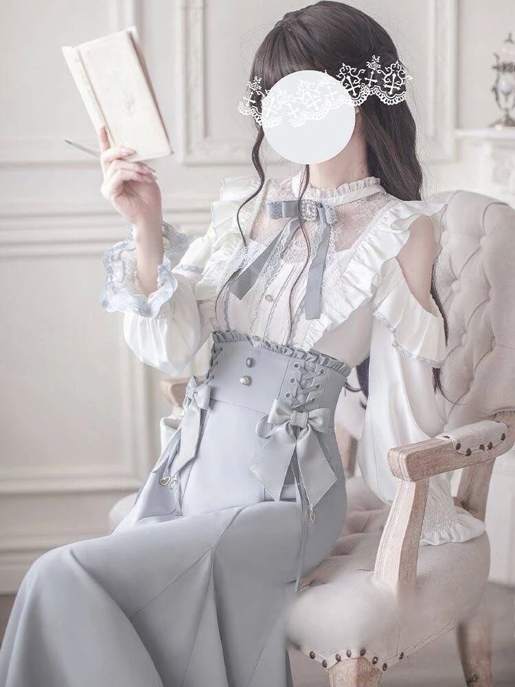 

Японский сладкий и нежный стиль, топ с открытыми плечами и бантом + полуюбка на шнуровке с рыбьим хвостом