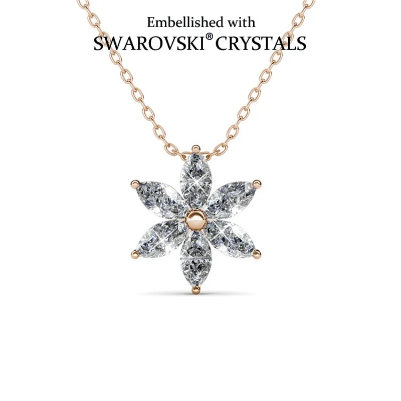 Flower Pendant Necklace Embellished with Swarovski Crystals Copper Rose Gold Plated Women Jewelry Shiny Floral Design