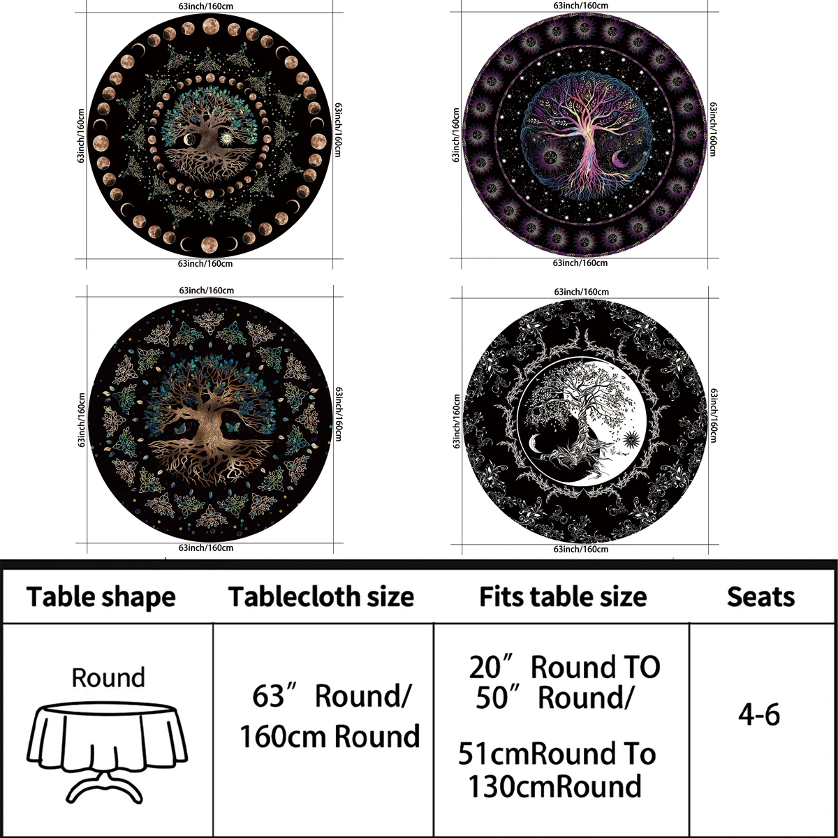 1 Piece of Life Tree Round Table Cloth Waterproof Terrace Table Sun Moon Star Curtain Multi Use 63 inch Blue Purple