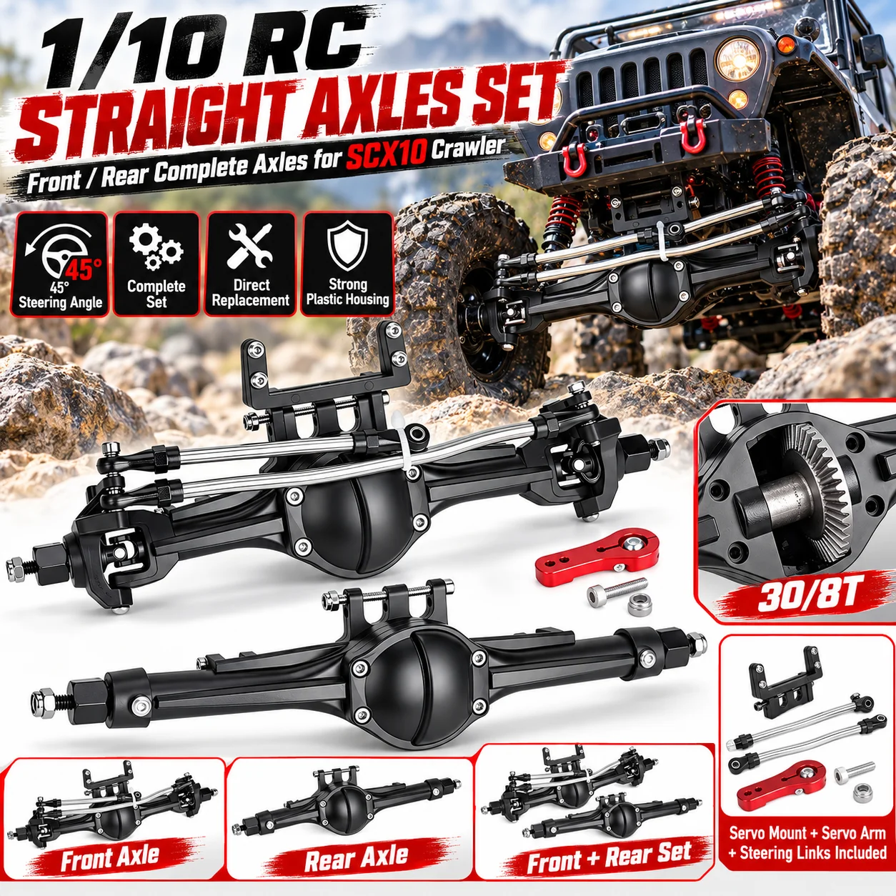 1/10 RC Rock Crawler Front Rear Straight Complete Axles Set for 1:10 RC Car SCX10II 90046 90047 Axial RC4WD D90 Upgrade Parts