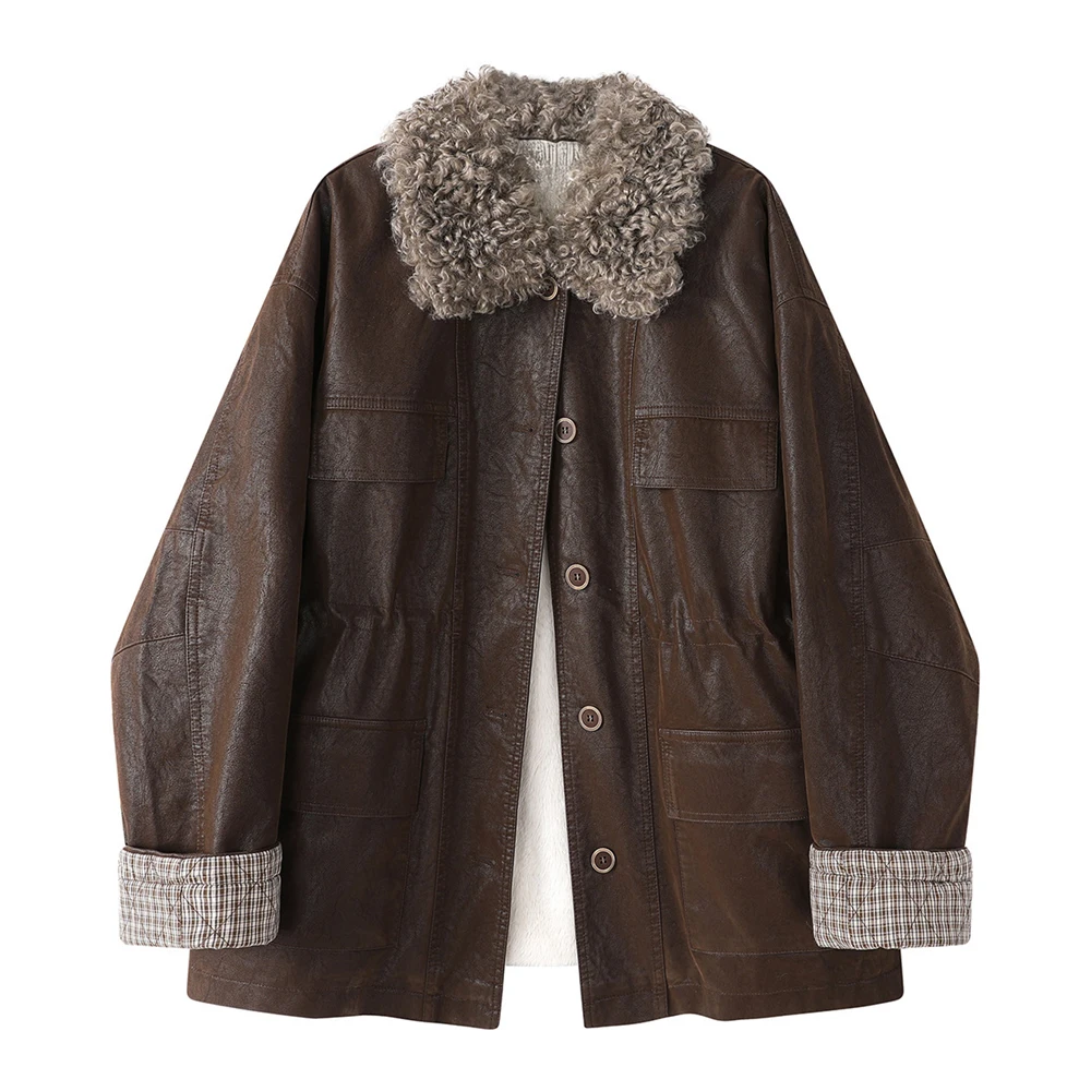 Jaqueta feminina vintage de couro PU forrada de pele sintética casaco de inverno grande quente solto ajuste agasalhos