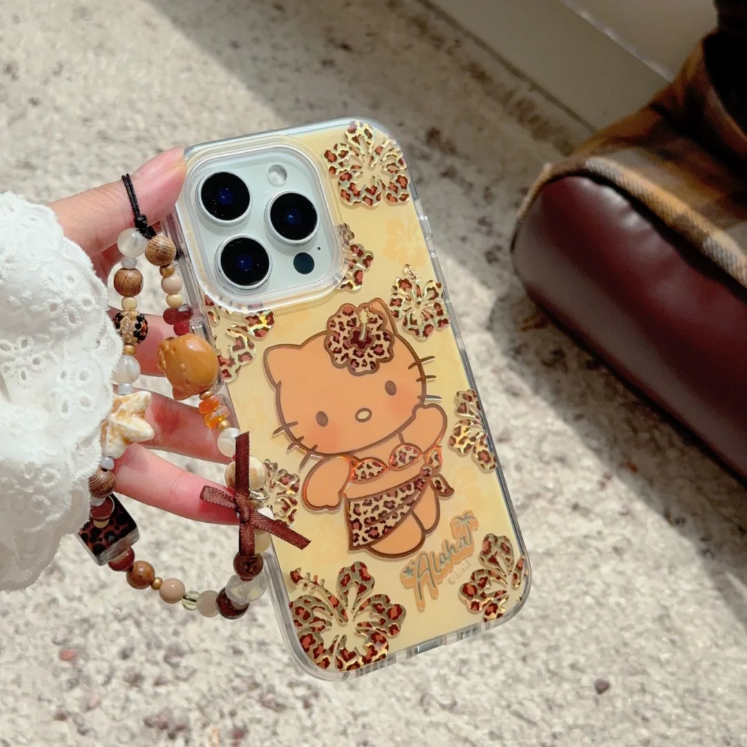 Vintage lindo leopardo Bikini Hello Kitty pulsera accesorio funda de teléfono para iPhone 16 E 15 14 13 Pro Max Y2K cubierta ﻿ ﻿