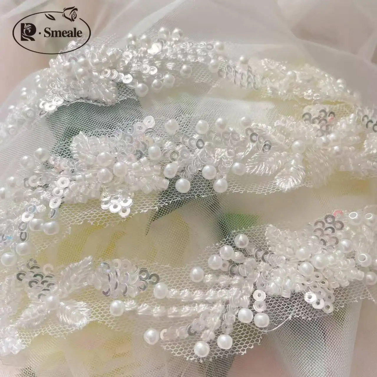3 Yards/Packung Hochwertige weiße Perlenstickerei-Spitze, Kopfschleier, Hochzeitskleid, Dekorationszubehör, handgefertigte Spitze für DIY. – Detail 2