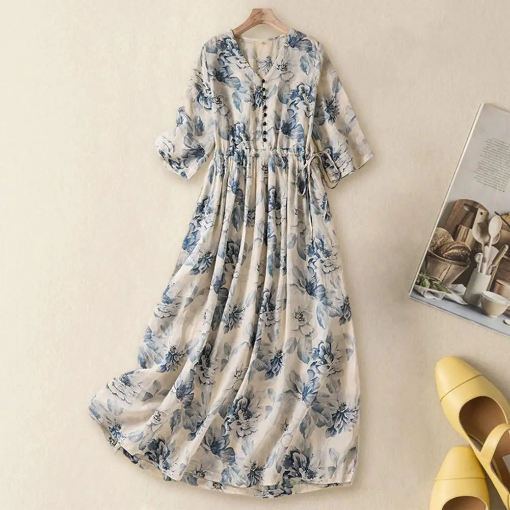 

Loose Fit Dress Floral Print A-line Midi Dress with Elastic Waist Side Pockets for Women Retro Style Pleated Summer for Wear