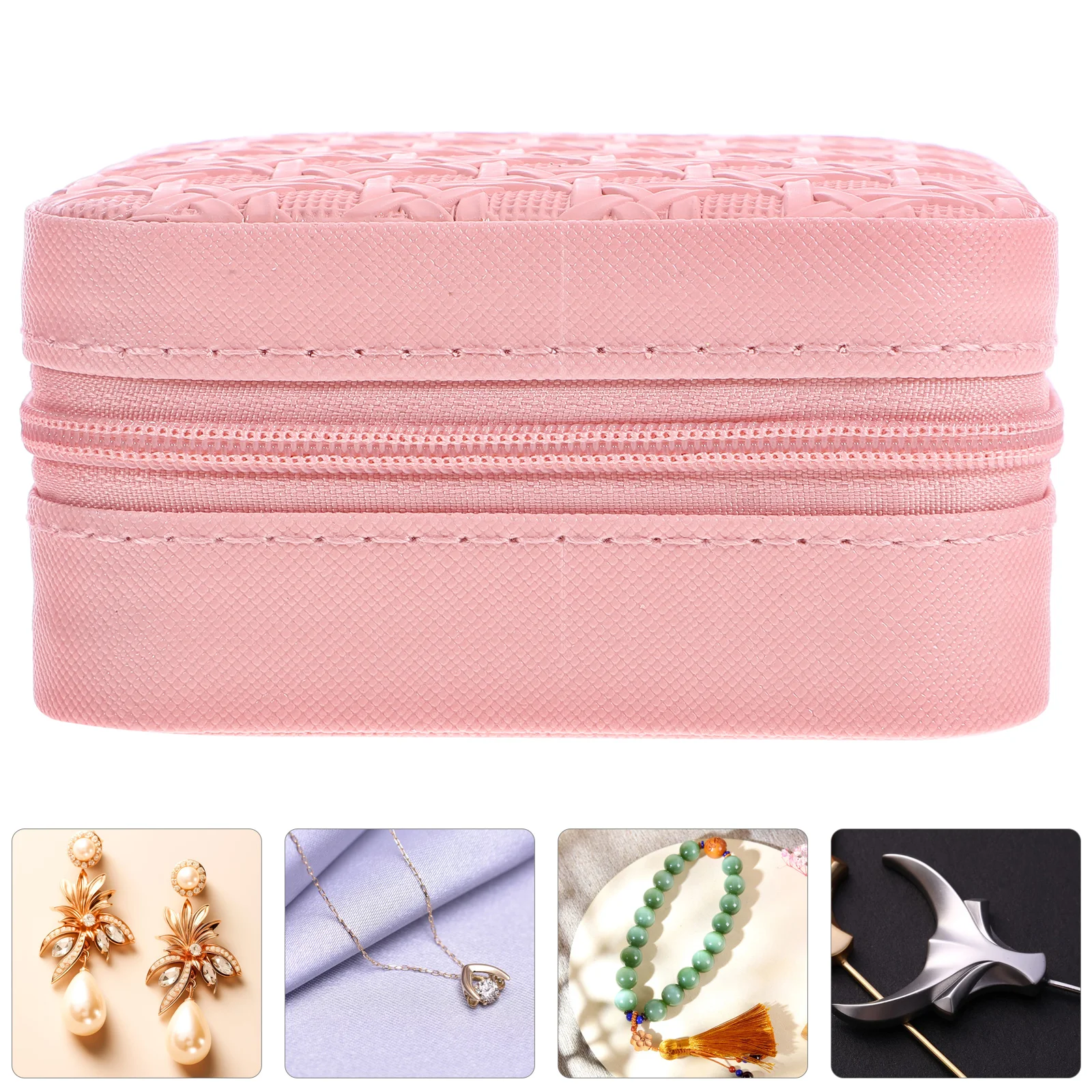 

Portable Jewelry Case for Women Pink Mini Earring Holder Box Travel ganizer Storage Woven Pattern Durable Girls