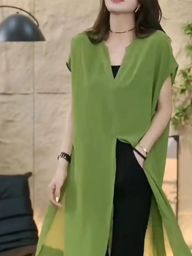 

Ele V-Ne Svel irt Women's Summer New Design Sensation Breathable Lightweight Gauze Skirt Korean Sle Loose Fit