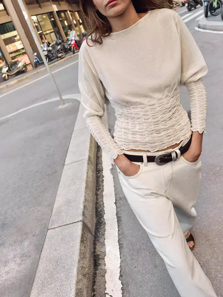 

Весна 2026: Новинка! Женский свитер с длинным рукавом, круглым вырезом, полупрозрачный, с узором «соты», вязаный, простой стиль, регулярный крой.