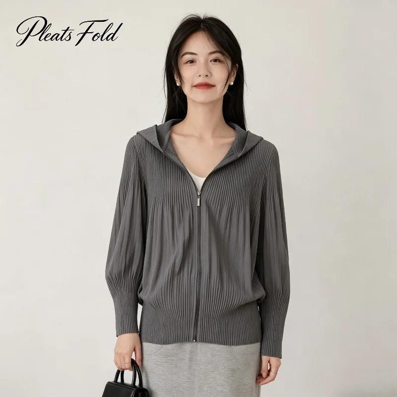 Miyake Pleated 2026 Autumn Hooded Zipper Cardigan Women's Long Sleeve Pleated Top Versatile Pleated Short Jacket Multi-color