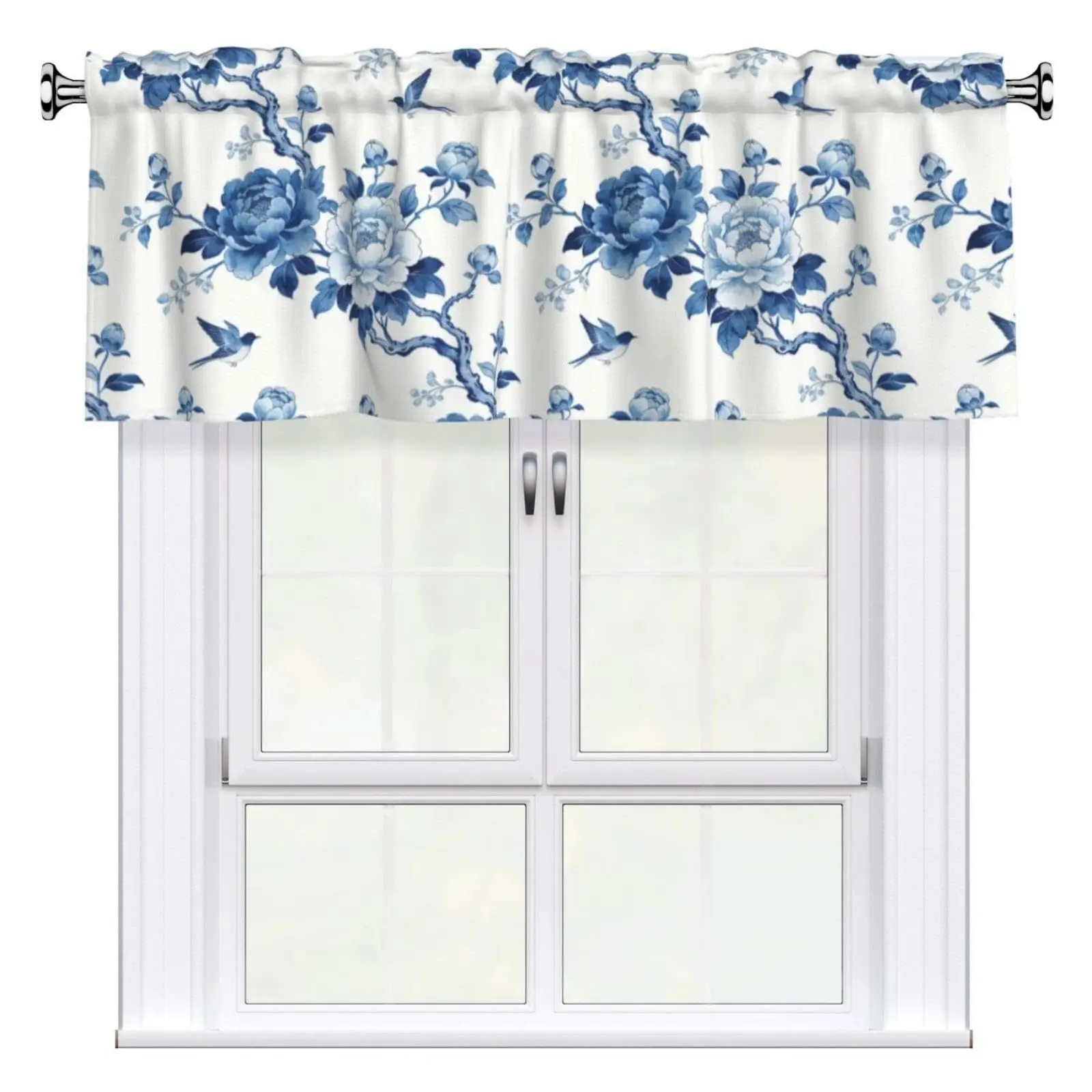 Blue White Chinoiserie Valance Curtains 1 Pack Rod Pocket Window Decor For Kitchen Living Room Home Decoration