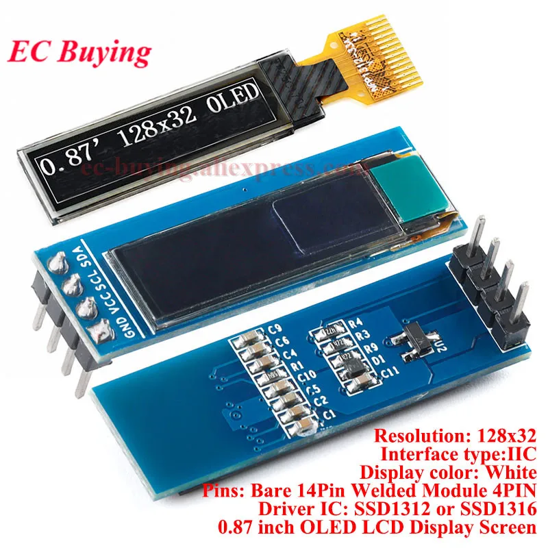 Écran LCD blanc OLED de 0.87 pouces, Module d'affichage OLED SSD1316 SSD1312 IIC 12832, résolution 128x32 pour bricolage électronique, 5 pièces/1 pièce
