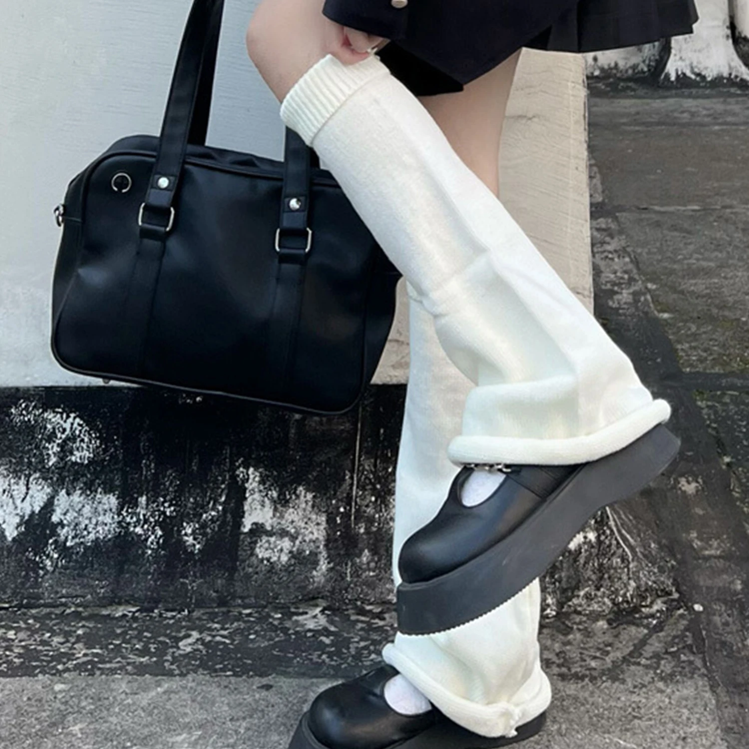 Gothic Damen Süße Y2k Einfarbig Dehnbarer Strumpf Harajuku Ausgestellte Beinwärmer Gestrickte Stiefel Abdeckung Jk Uniform Socken Leggings – Detail 3