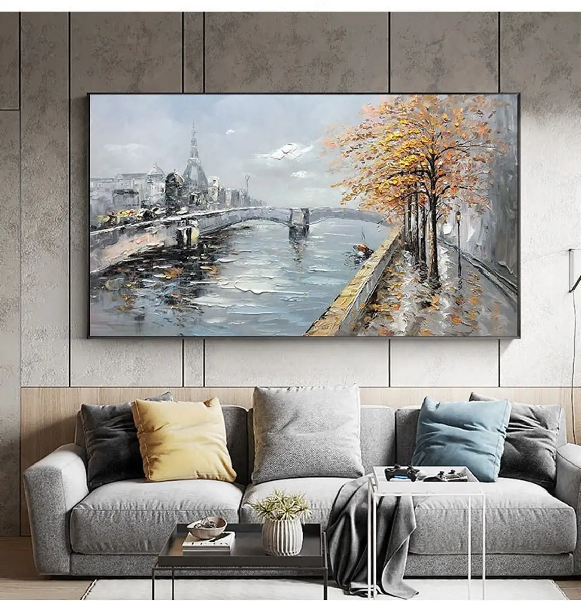 Large Oil Painting Handmade on Canvas Abstract Art Boho Wall Decor Lake Trees Landscape Bridge Nature Living Room Large Wall Art