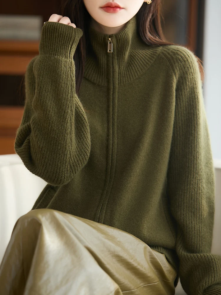

New Women's 100% Merino Wool Sweater Winter Knitwear Long Sleeve Clothes Lady Tops Zipper Cardigan 2025 Jersey Female Outerwear